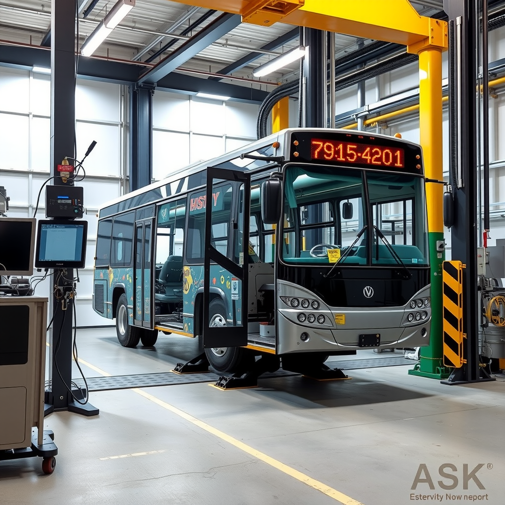 Industrial testing facility showing a bus frame mounted in a large hydraulic testing rig with multiple load sensors, strain gauges, and computer monitoring equipment measuring structural performance under simulated stress conditions