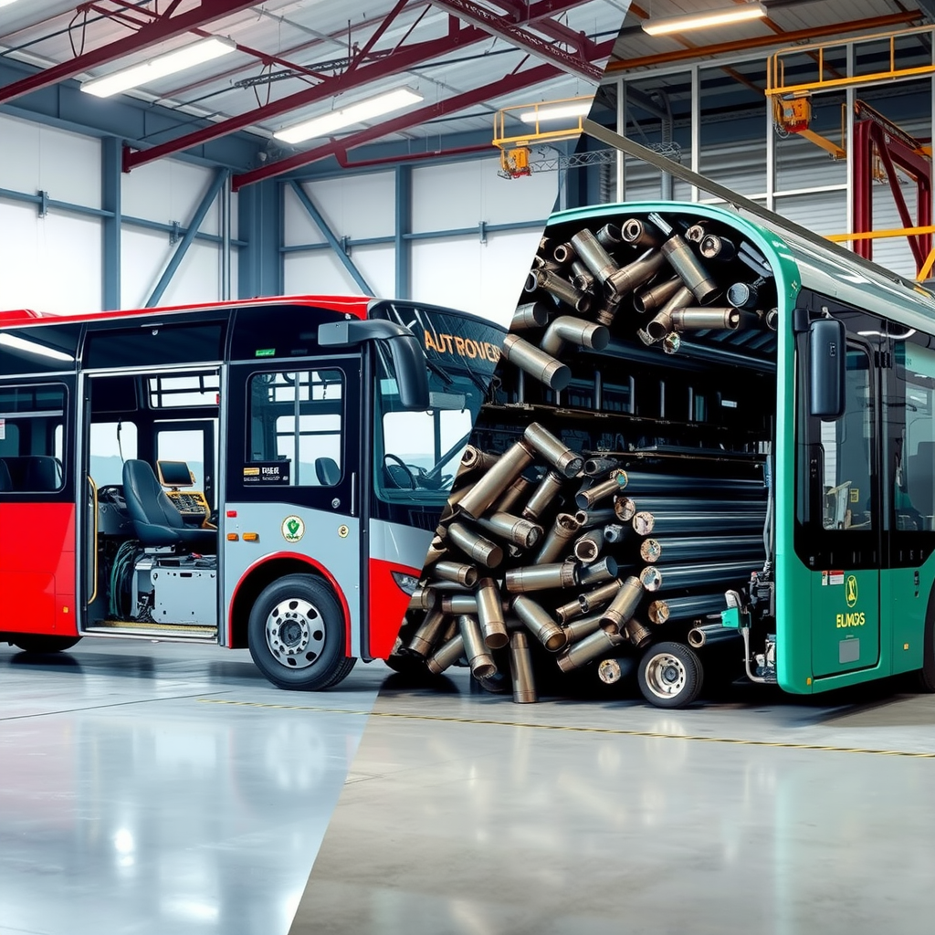 Split-screen image showing retired bus being dismantled for recycling on left side, and recycled aluminium ingots being processed back into extrusions on right side, illustrating the circular economy of aluminium bus manufacturing