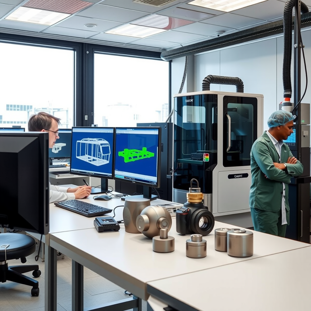 Modern research laboratory with engineers working on computer simulations of bus frame designs, 3D printers creating prototype components, and testing equipment analyzing new aluminium alloy samples under various conditions