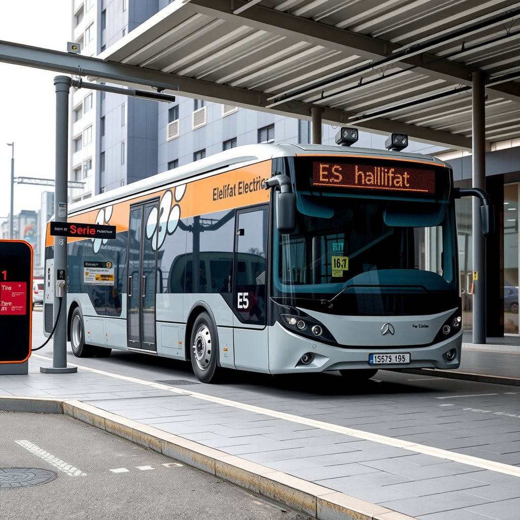 Modern Halifat E-Series electric bus with sleek aluminium body design, featuring the signature specially-moulded extrusions and zero-emission technology, displayed at an urban transit station with charging infrastructure