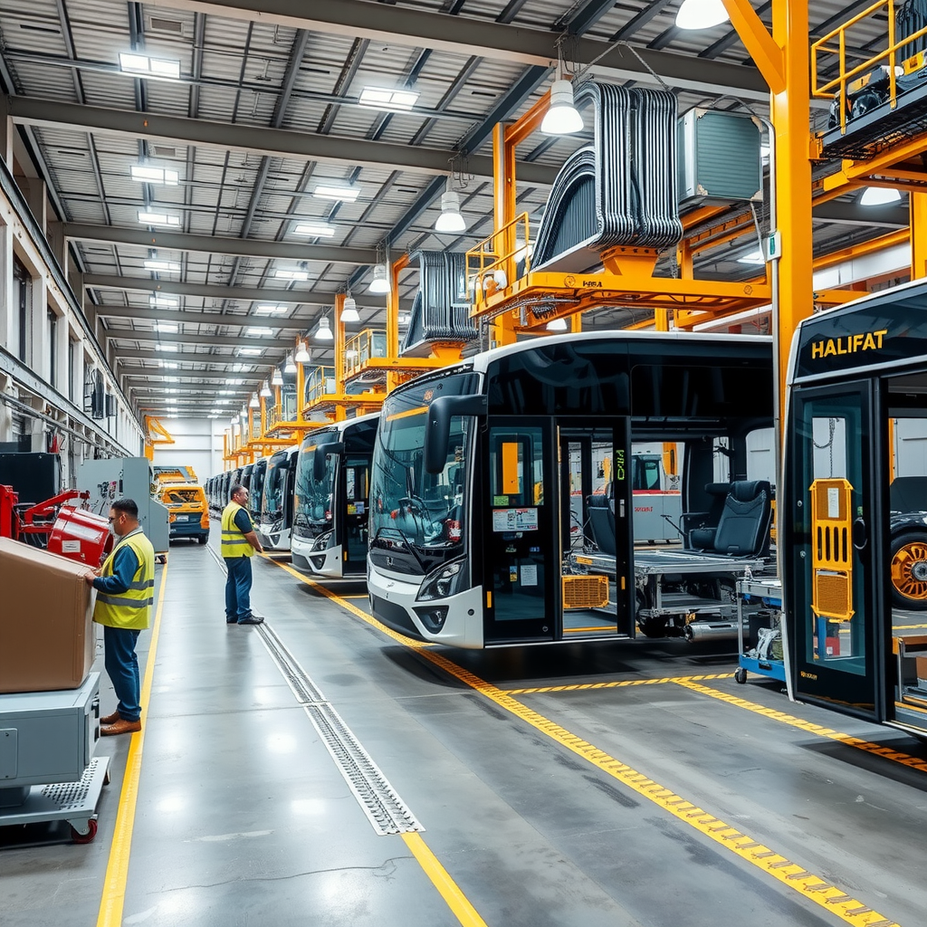 Wide-angle view of Halifat's modern manufacturing facility showing rows of aluminium extrusion machinery, precision cutting stations, and partially assembled bus frames with workers in safety gear operating advanced equipment under bright industrial lighting