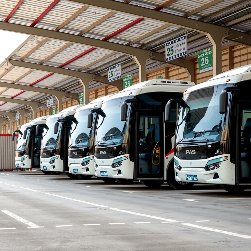 A fleet of Halifat buses lined up at a regional transportation depot, showcasing their distinctive aluminium body construction with clean lines and modern design, celebrating 25 years of service with anniversary banners visible