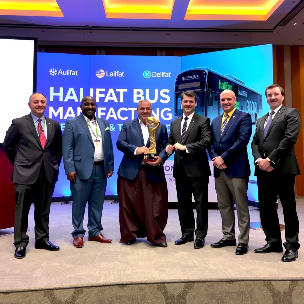 Halifat Bus Company representatives accepting the Transportation Manufacturing Excellence Award at the annual transit industry conference, with the prestigious trophy displayed prominently on stage alongside company executives in formal attire