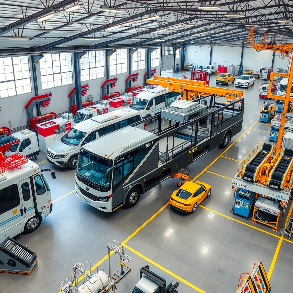 Aerial view of expanded Halifat manufacturing facility showing new production lines with state-of-the-art equipment for aluminum bus body construction, featuring modern industrial architecture with large windows and organized assembly areas