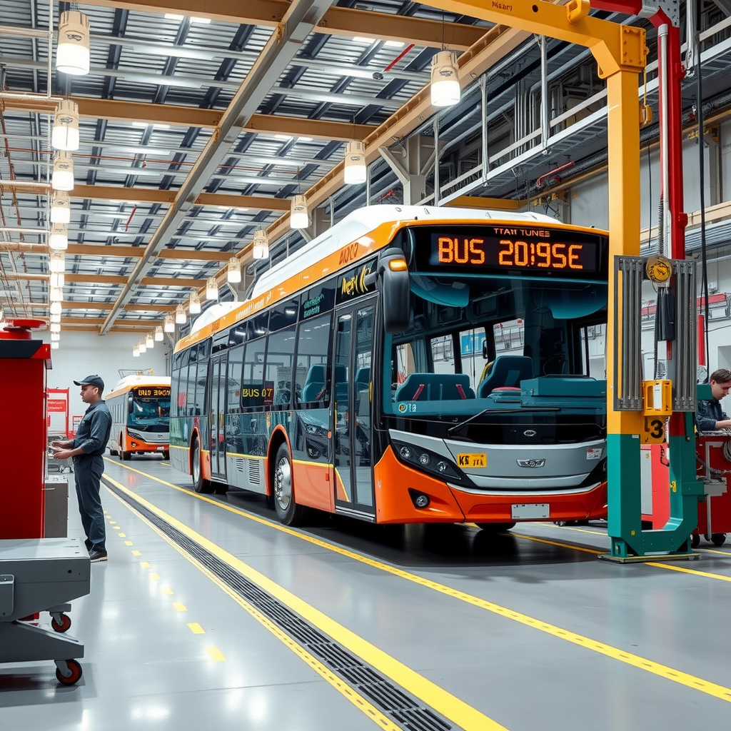 Modern bus manufacturing facility showing advanced aluminium extrusion equipment and precision assembly line with workers crafting custom-built buses using bolted gusset construction methods