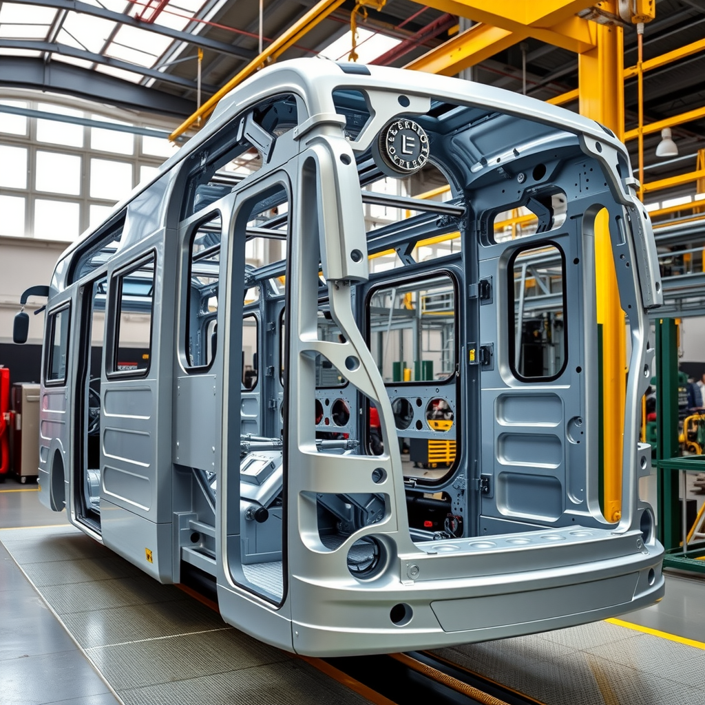 Modern aluminium bus body under construction in manufacturing facility showing precision-engineered frame structure with visible extrusion molding and bolted gusset joints