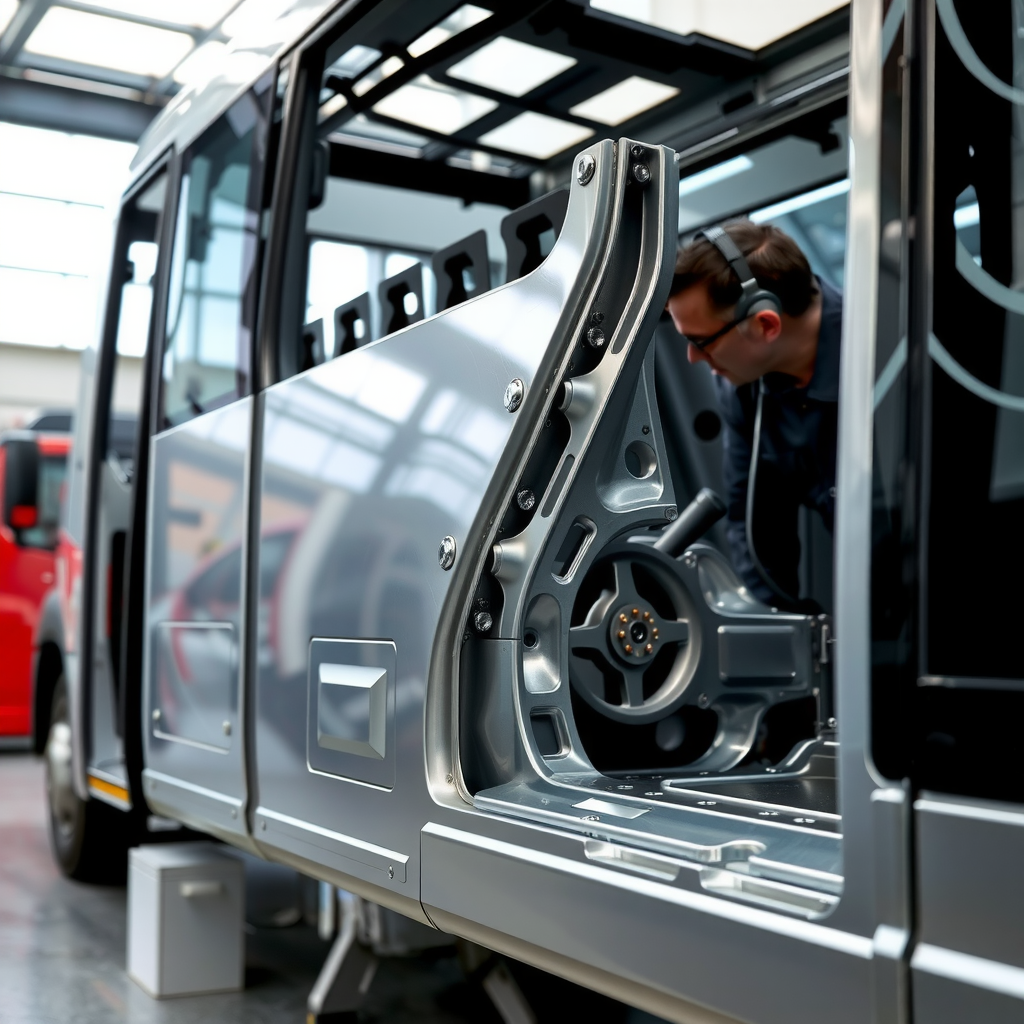 Professional technician inspecting and restoring the aluminium body panels of a Hafilat bus, showing the unique extruded aluminium construction and bolted joint system in a modern workshop facility
