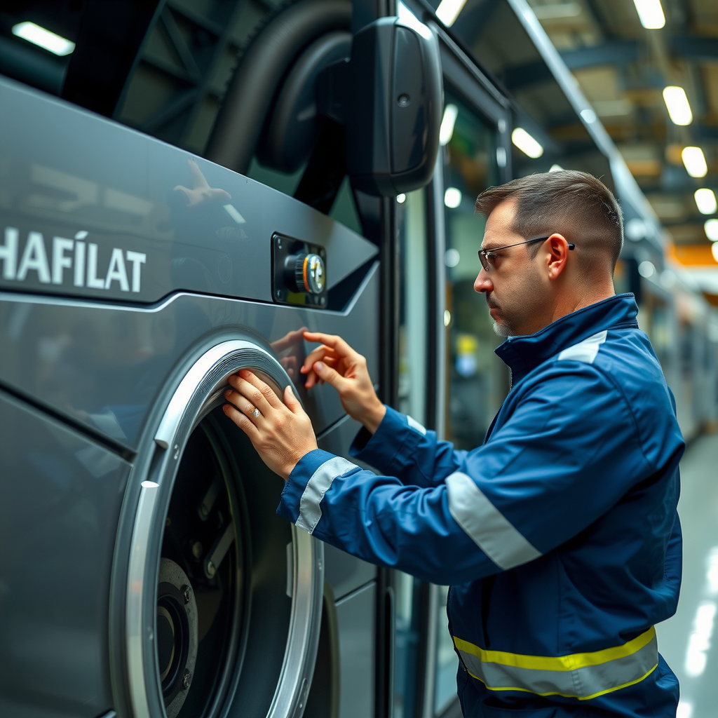 Professional technician inspecting aluminium body panels and bolted gusset connections on a modern Hafilat bus in a well-lit maintenance facility