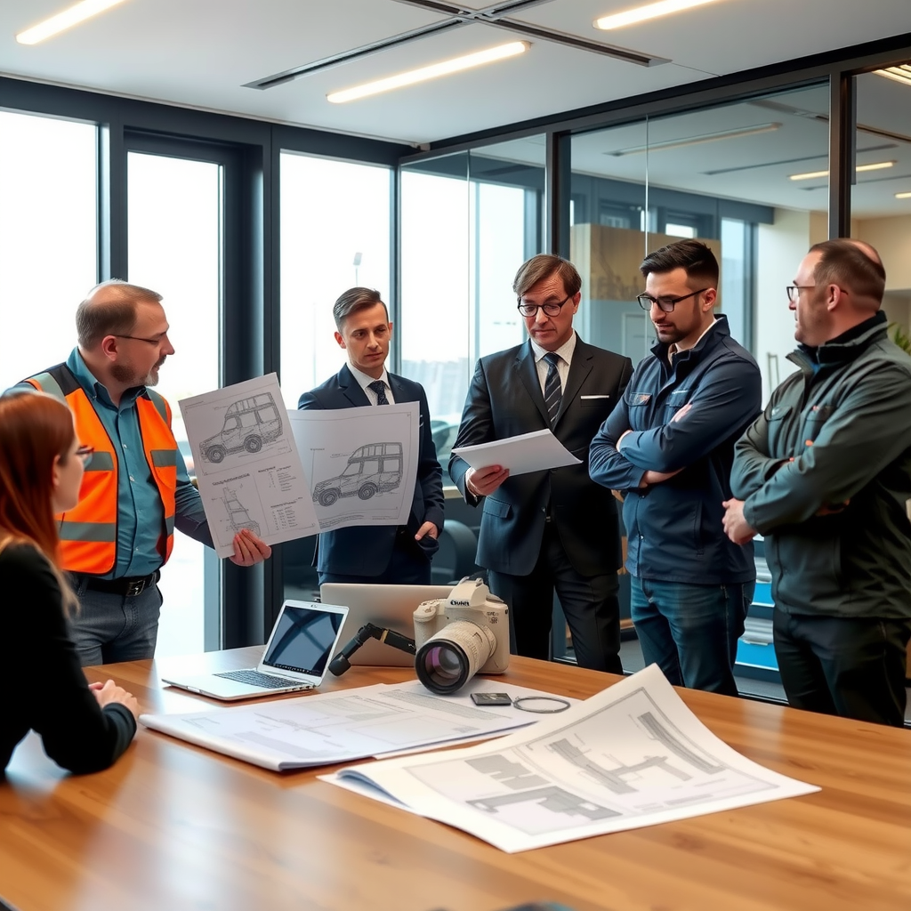 Professional consultation session showing transit experts reviewing aluminium bus body specifications and technical drawings with transit operators in a modern conference room