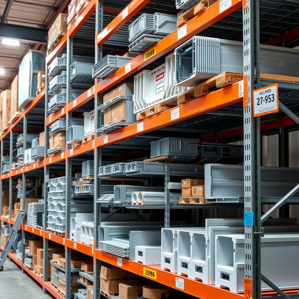 Warehouse shelving displaying organized genuine aluminium bus components including specialized extrusions, structural elements, and replacement parts with clear labeling and inventory management system