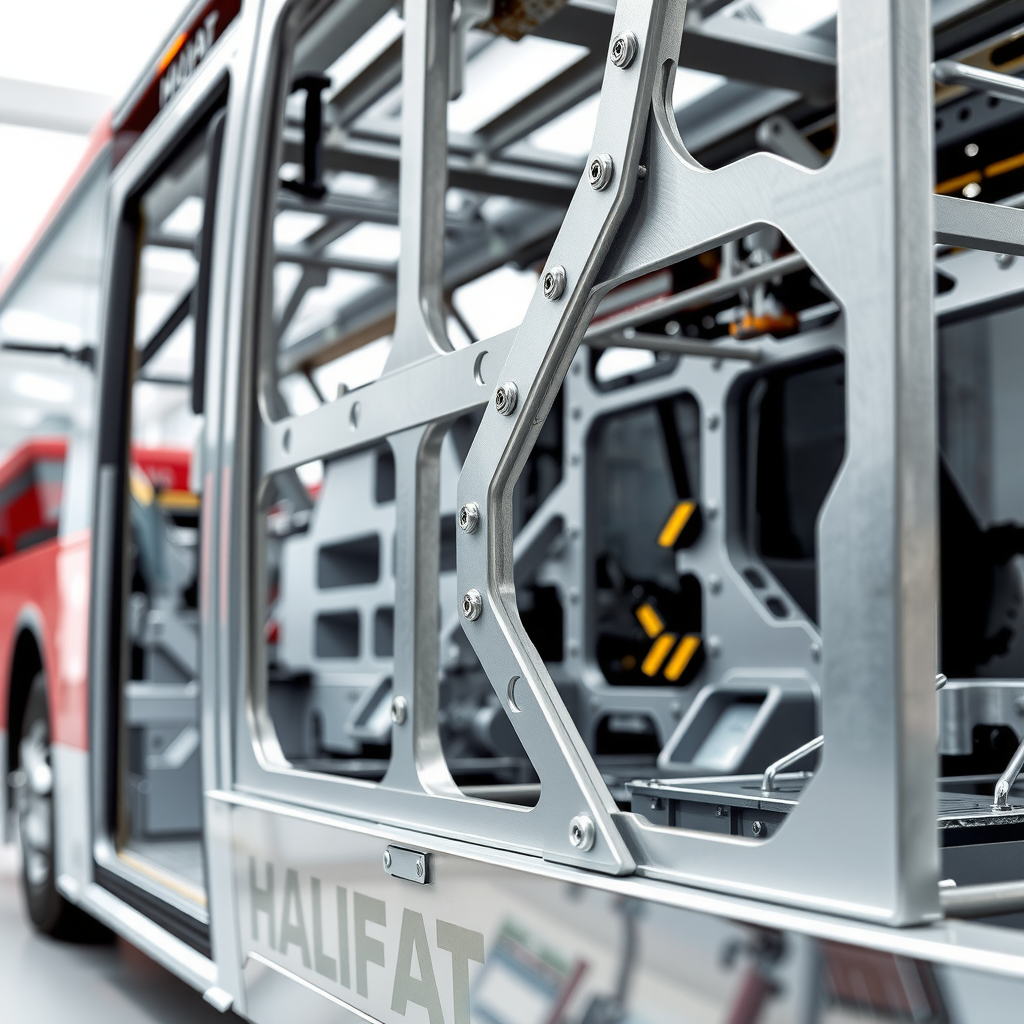 Close-up view of Halifat bus aluminium body construction showing specially-moulded extrusions and bolted gussets creating precise joints and faultless structures, highlighting the advanced manufacturing system
