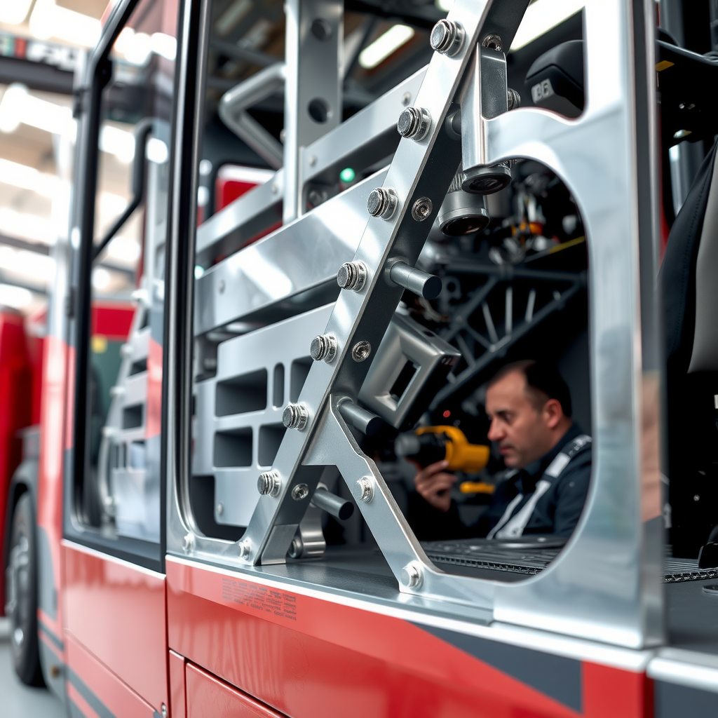 Close-up detail of Halifat bus aluminium body construction showing the specially-moulded extrusions and bolted gusset joints that create the faultless structure, with maintenance technician inspecting the pristine condition after 25 years