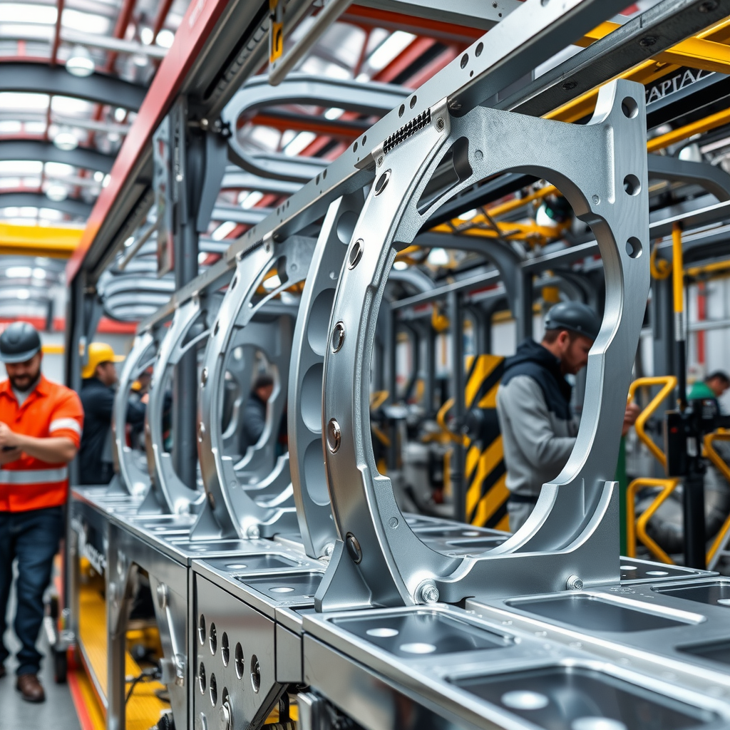 Close-up view of Halifat's precision-engineered aluminium extrusion moulding process showing the specially-designed joints and bolted gussets that create the structural framework of their buses, with workers in safety gear operating advanced manufacturing equipment