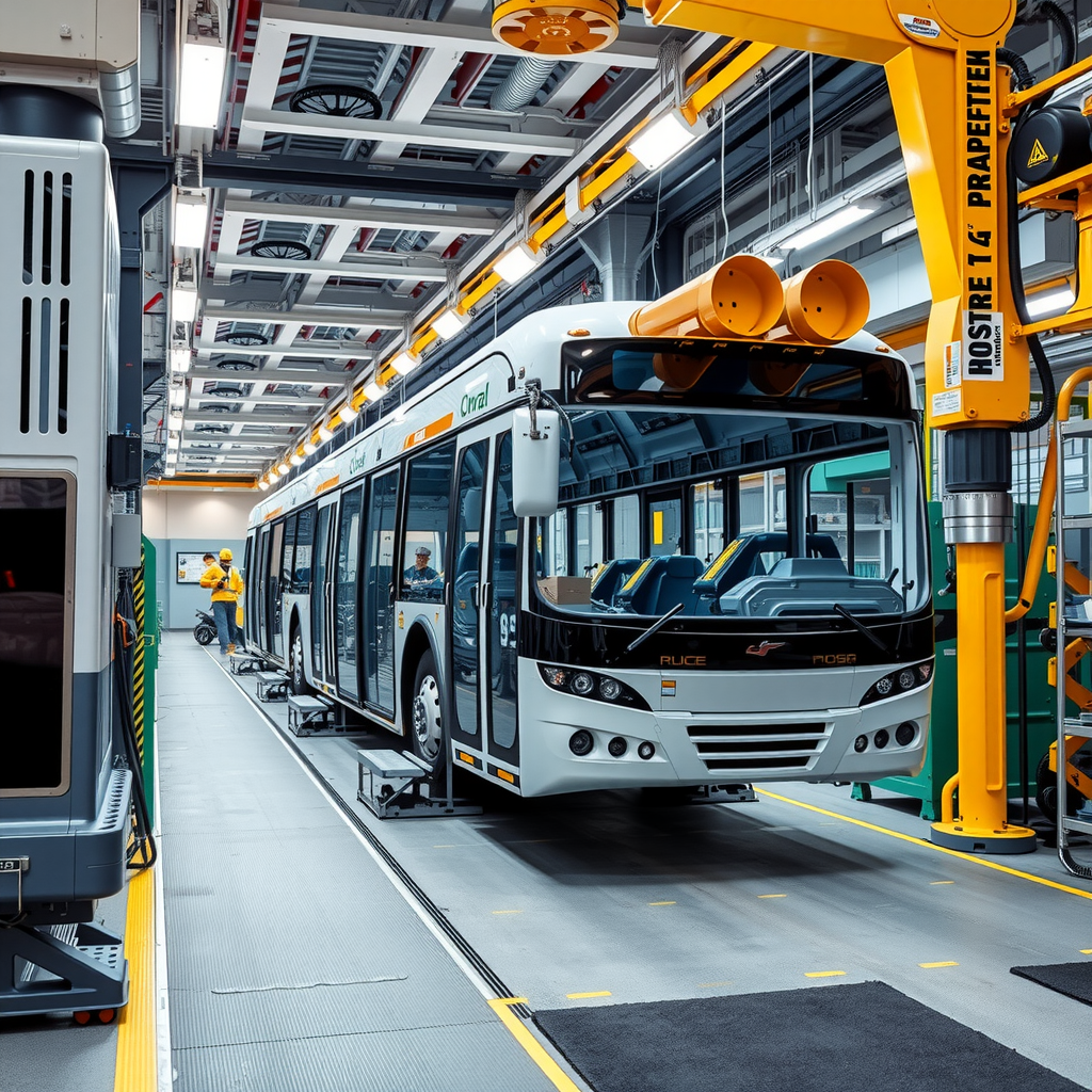 Interior view of new automated production line showing precision robotic systems assembling aluminum extrusions and bolted gussets for bus body construction, with quality control stations and modern manufacturing equipment