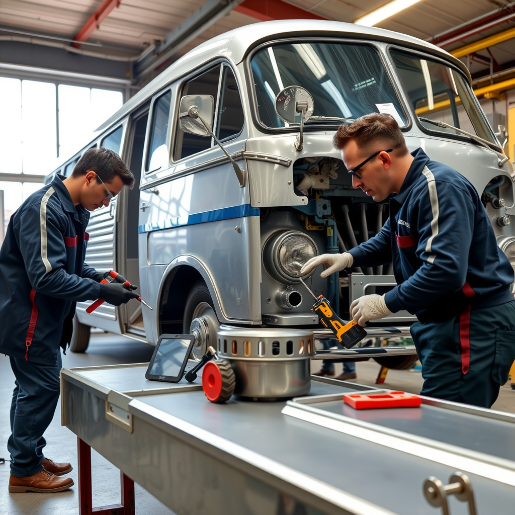 Professional technicians restoring vintage aluminium-bodied bus with specialized tools, working on extruded panels and bolted joint systems in well-equipped workshop environment