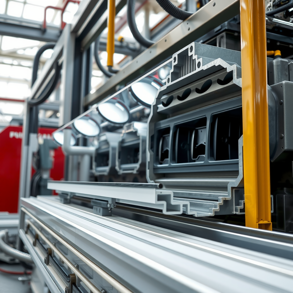 Close-up view of aluminium extrusion molding machinery creating custom-shaped profiles for bus body construction with precision dies and automated control systems