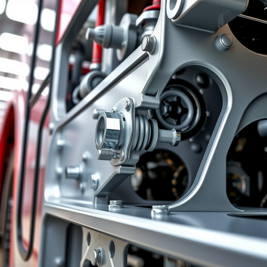 Close-up view of precision-engineered bolted gusset connections in aluminium bus body structure showing faultless joints and manufacturing quality