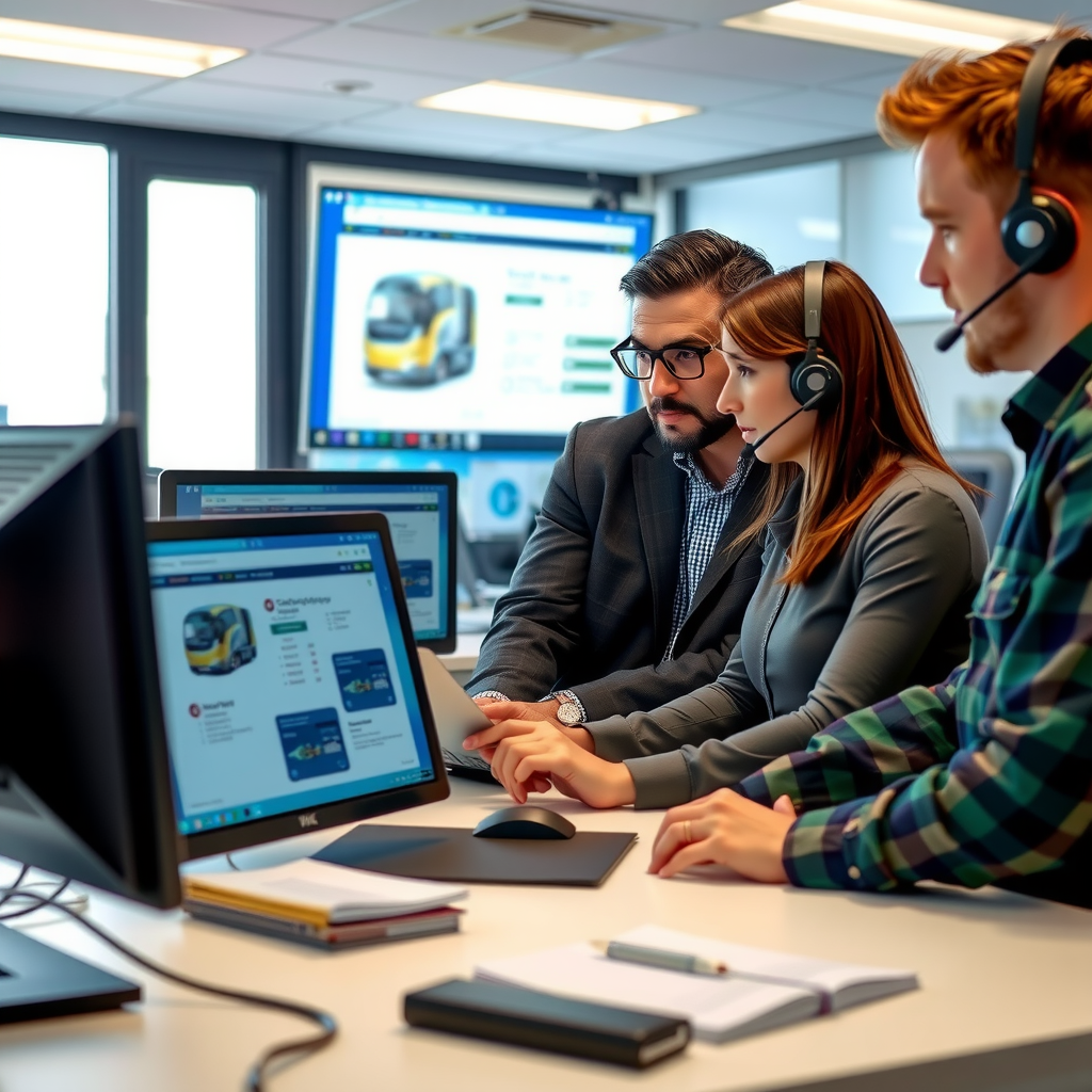 Professional technical support team members in modern office environment reviewing bus component specifications on computer screens and providing customer assistance with parts identification and ordering