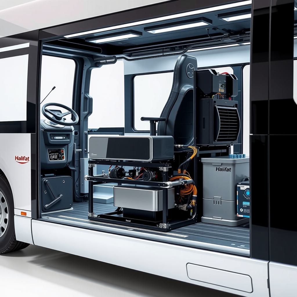 Halifat E-Series electric bus propulsion system and battery configuration, showing advanced zero-emission technology integrated with the lightweight aluminium chassis structure