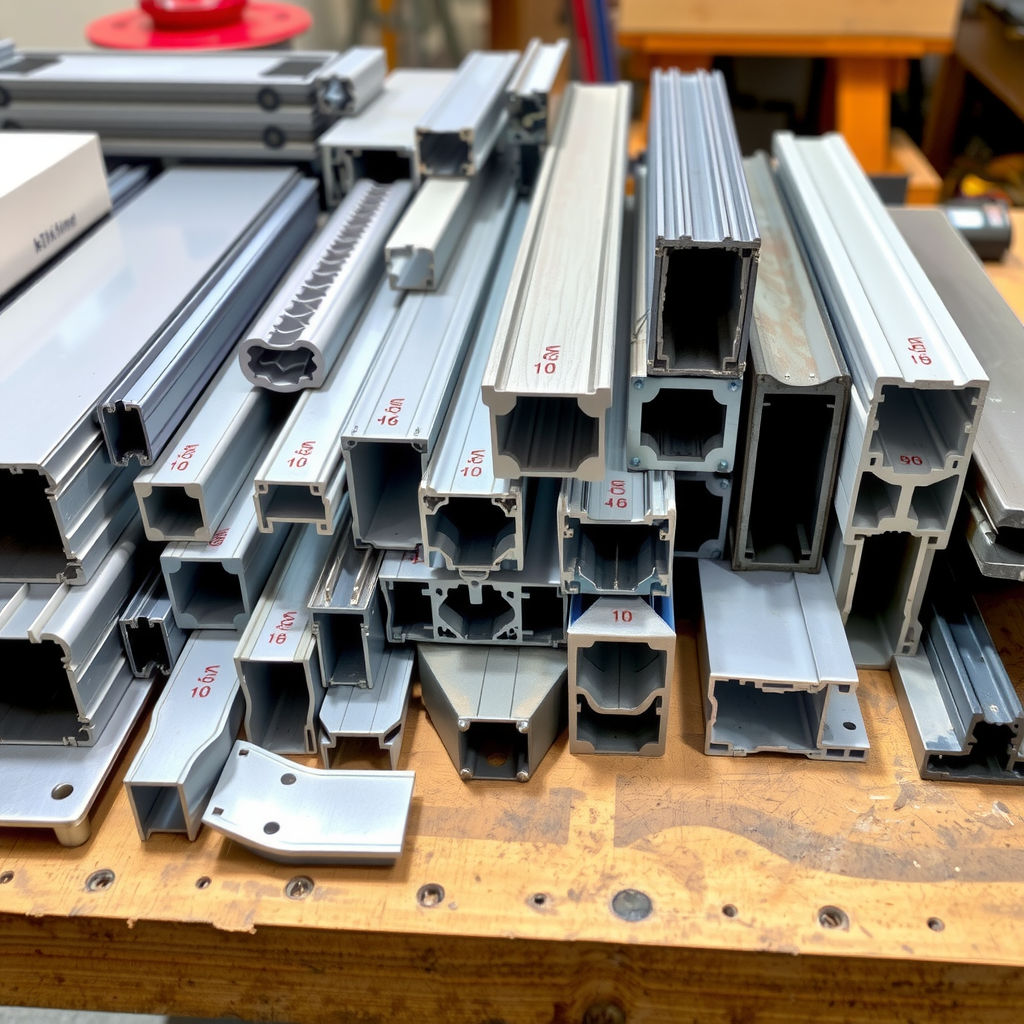 Array of various custom-designed aluminium extrusion profiles laid out on a workbench, displaying different cross-sectional shapes including hollow channels, reinforced beams, and specialized corner pieces with precise measurements