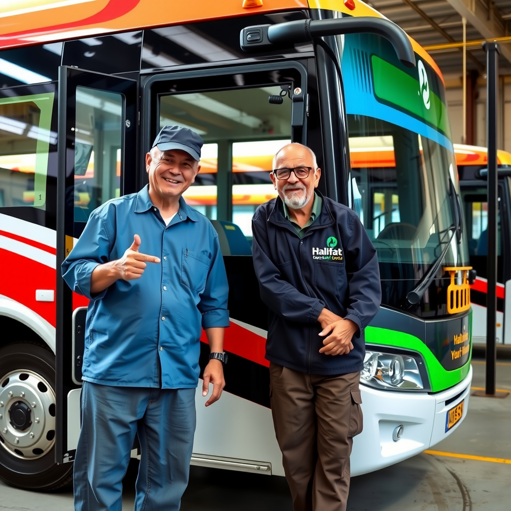 Veteran bus driver and senior mechanic standing beside a well-maintained Halifat bus, both smiling and gesturing toward the vehicle, with maintenance bay visible in background showing other Halifat buses being serviced