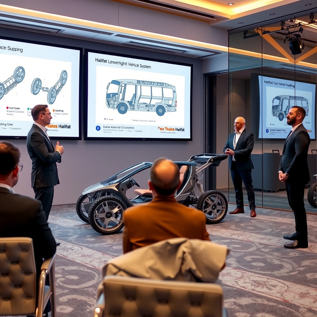 Halifat engineering team presenting their latest lightweight vehicle design innovations at the transit industry conference, with detailed technical diagrams and cross-section models of the aluminium body construction system displayed on large screens behind the presenters