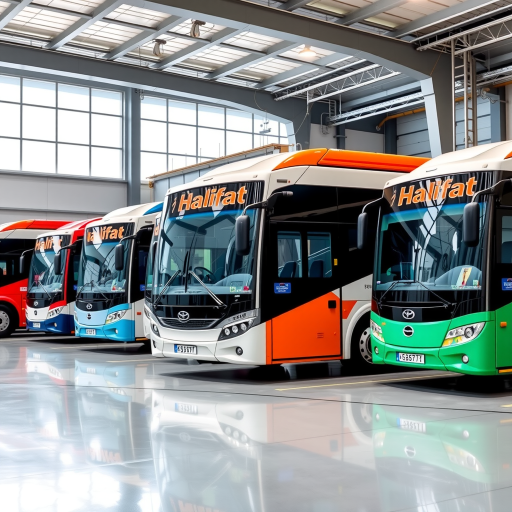 Multiple Halifat aluminum-bodied buses in various transit agency liveries lined up at a modern transit facility, showcasing the distinctive aluminum body construction and professional finish that serves cities worldwide