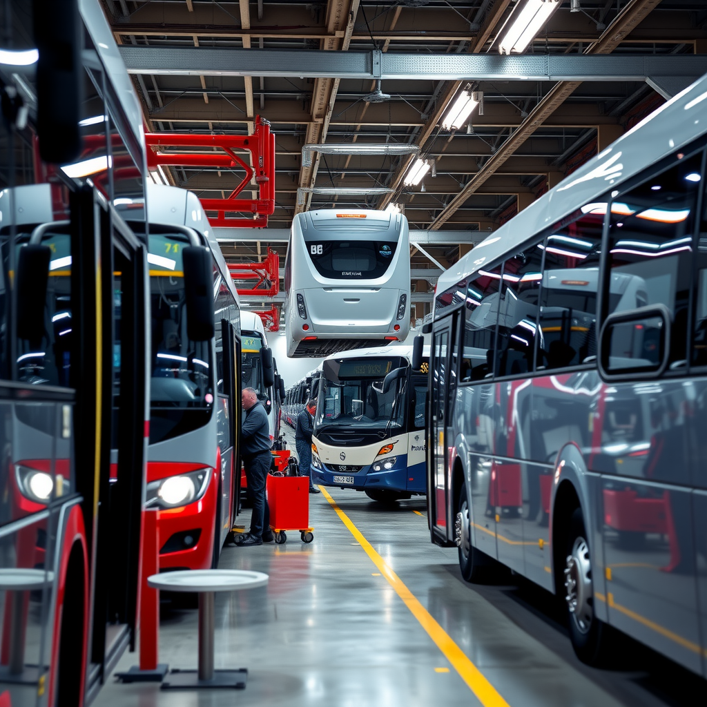 Comprehensive bus fleet maintenance bay showing multiple aluminium-bodied vehicles undergoing inspection with mechanics checking bolted gusset connections and structural components