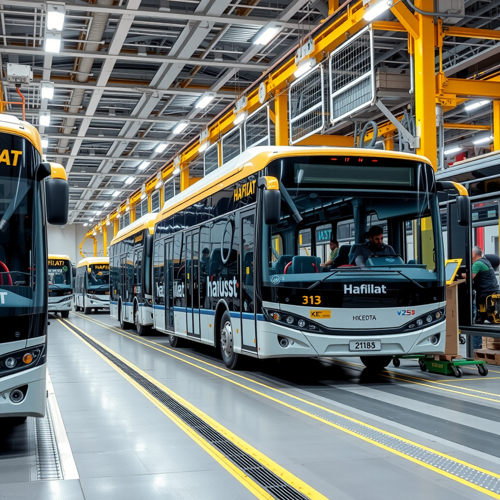Wide view of modern bus manufacturing assembly line showing multiple Hafilat buses in various stages of construction with aluminium body frames, bolted gusset systems, and quality control stations
