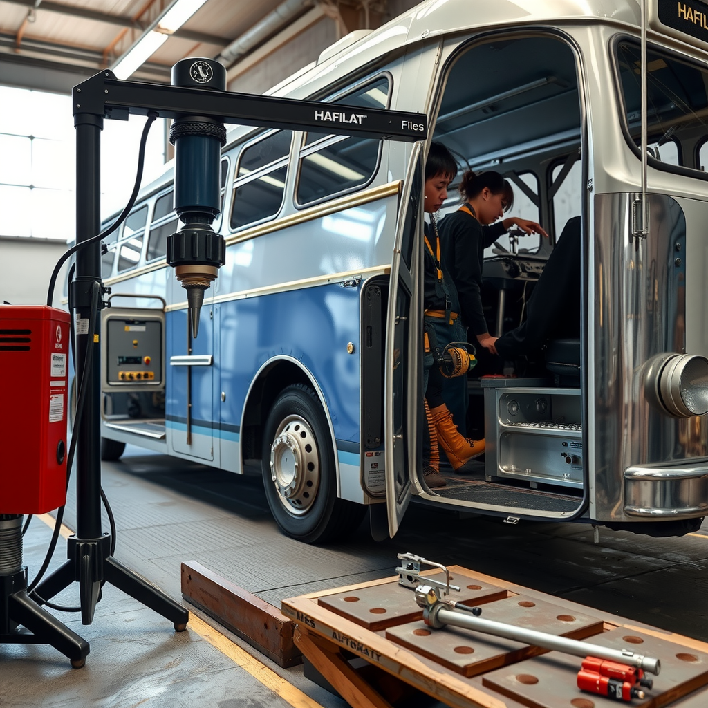 Advanced testing equipment being used to verify the structural integrity of restored aluminium body panels and bolted joints on a Hafilat bus, showing quality control procedures in a professional workshop environment