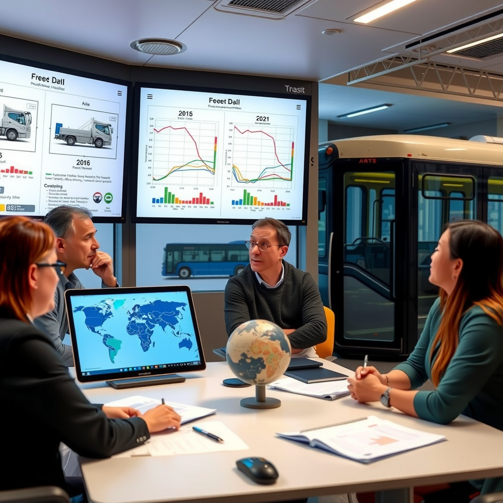 Transit planning team reviewing fleet modernization strategy with aluminium body bus specifications and route optimization charts displayed on screens