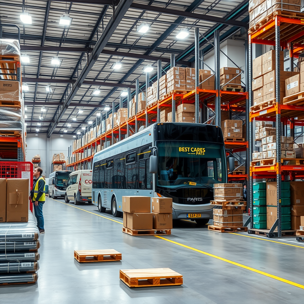 Modern parts distribution center with organized inventory management system, shipping area with packaged aluminium bus components ready for dispatch, and logistics team coordinating deliveries