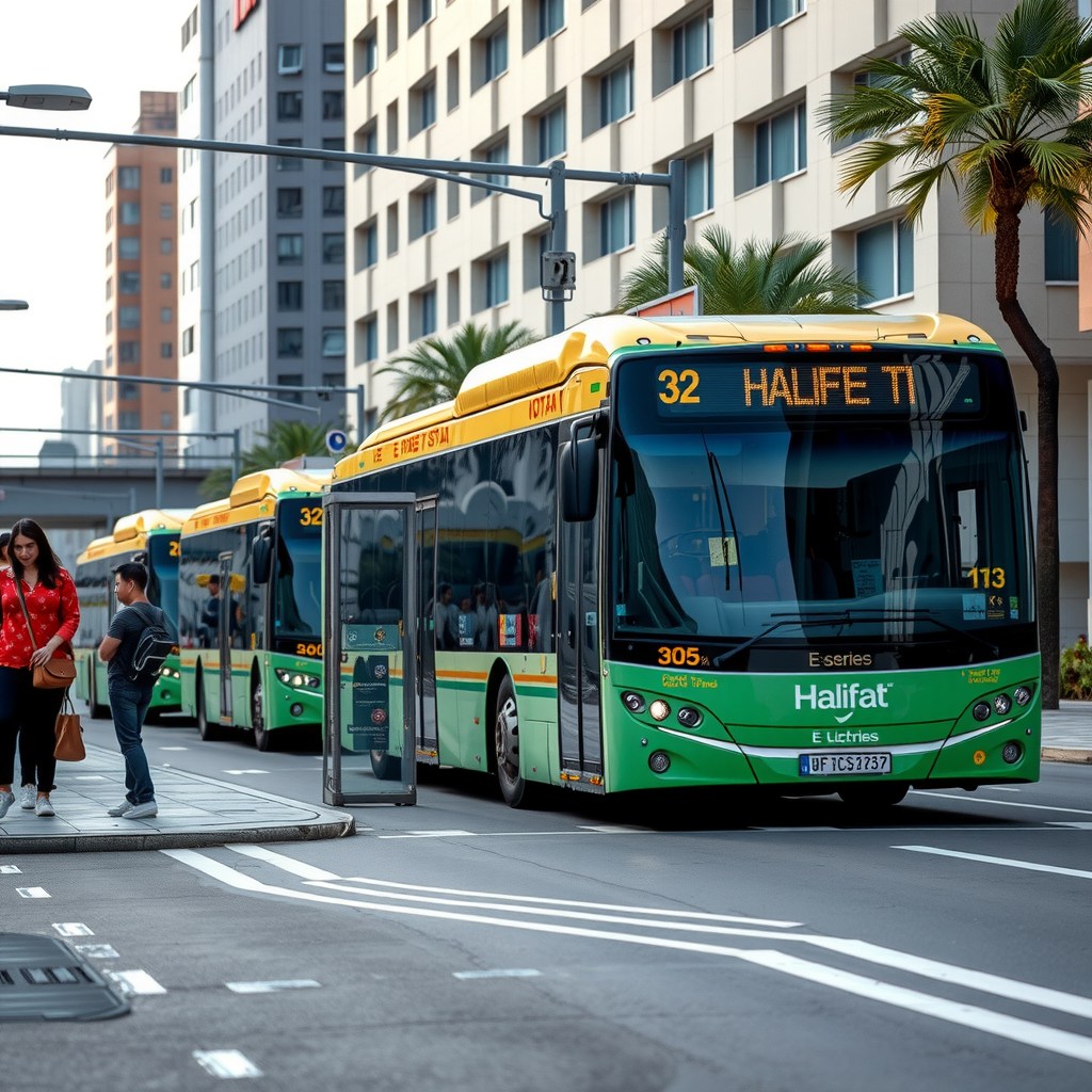 Halifat E-Series electric buses operating in urban transit environment, showing multiple vehicles at city bus stops with passengers boarding, demonstrating sustainable public transportation solution