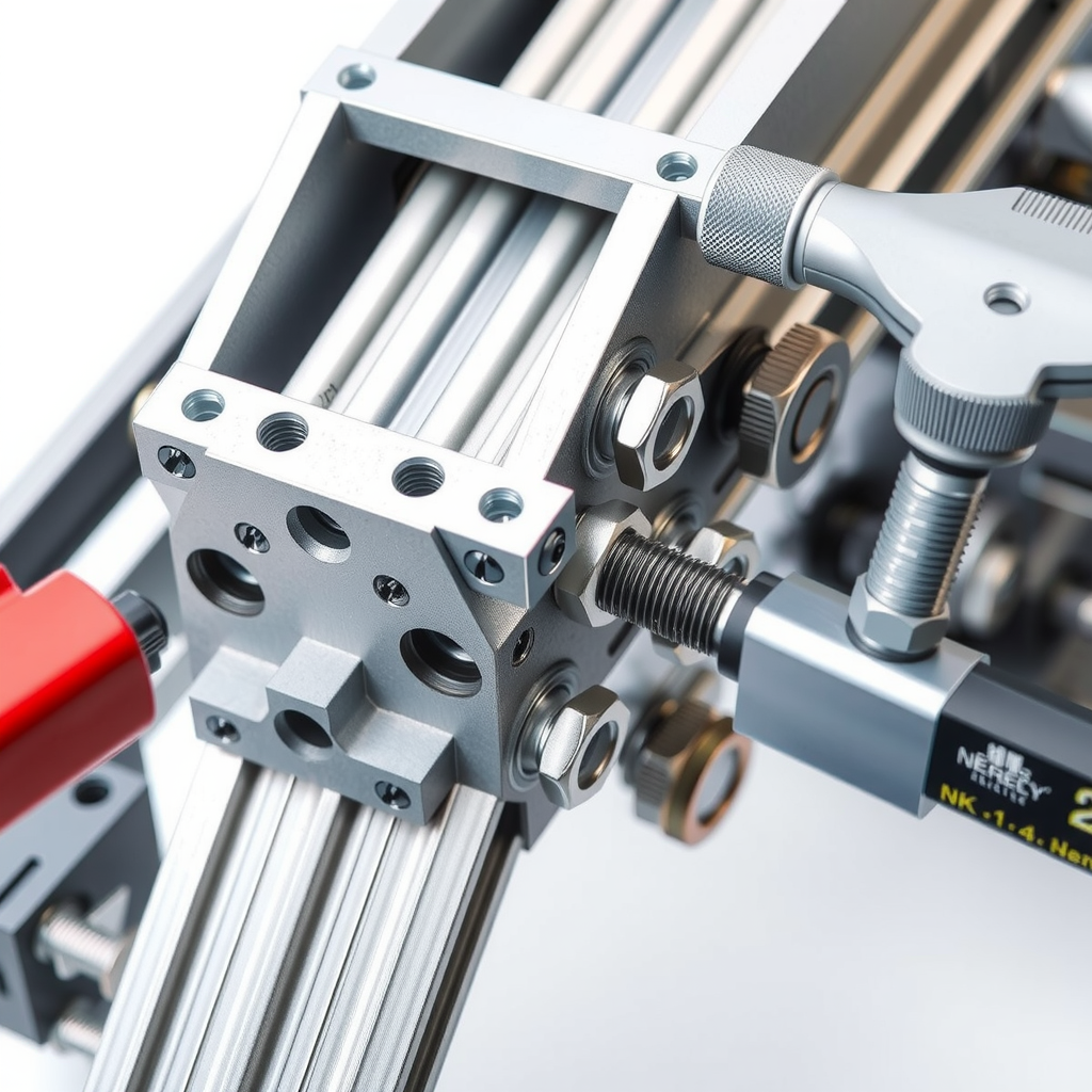 Detailed technical view of a bolted gusset joint showing multiple aluminium extrusions connected by precision-machined gusset plates with high-strength bolts, torque wrenches, and measurement tools visible, demonstrating the assembly process