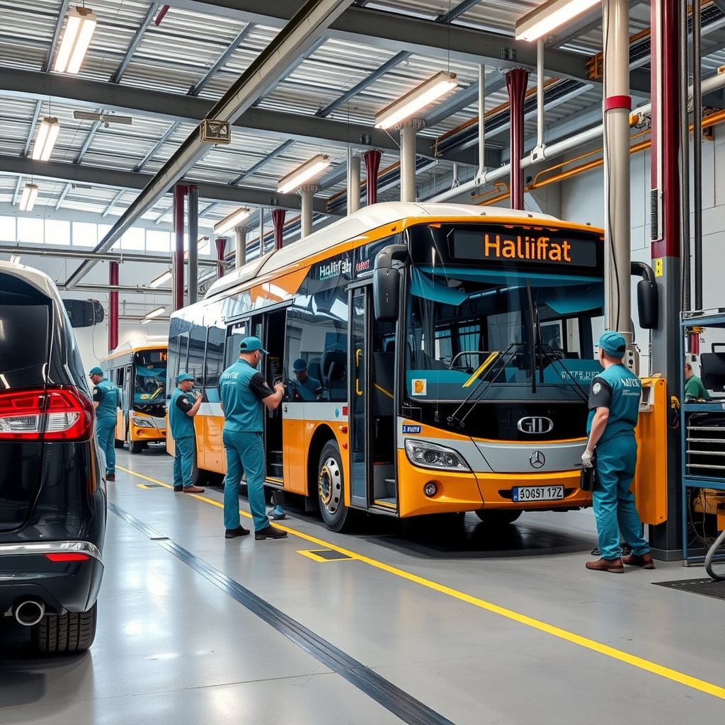 Modern maintenance workshop with Halifat buses being serviced, showing mechanics working on the modular components, with organized parts storage and diagnostic equipment visible, emphasizing the efficiency of the bolted gusset repair system