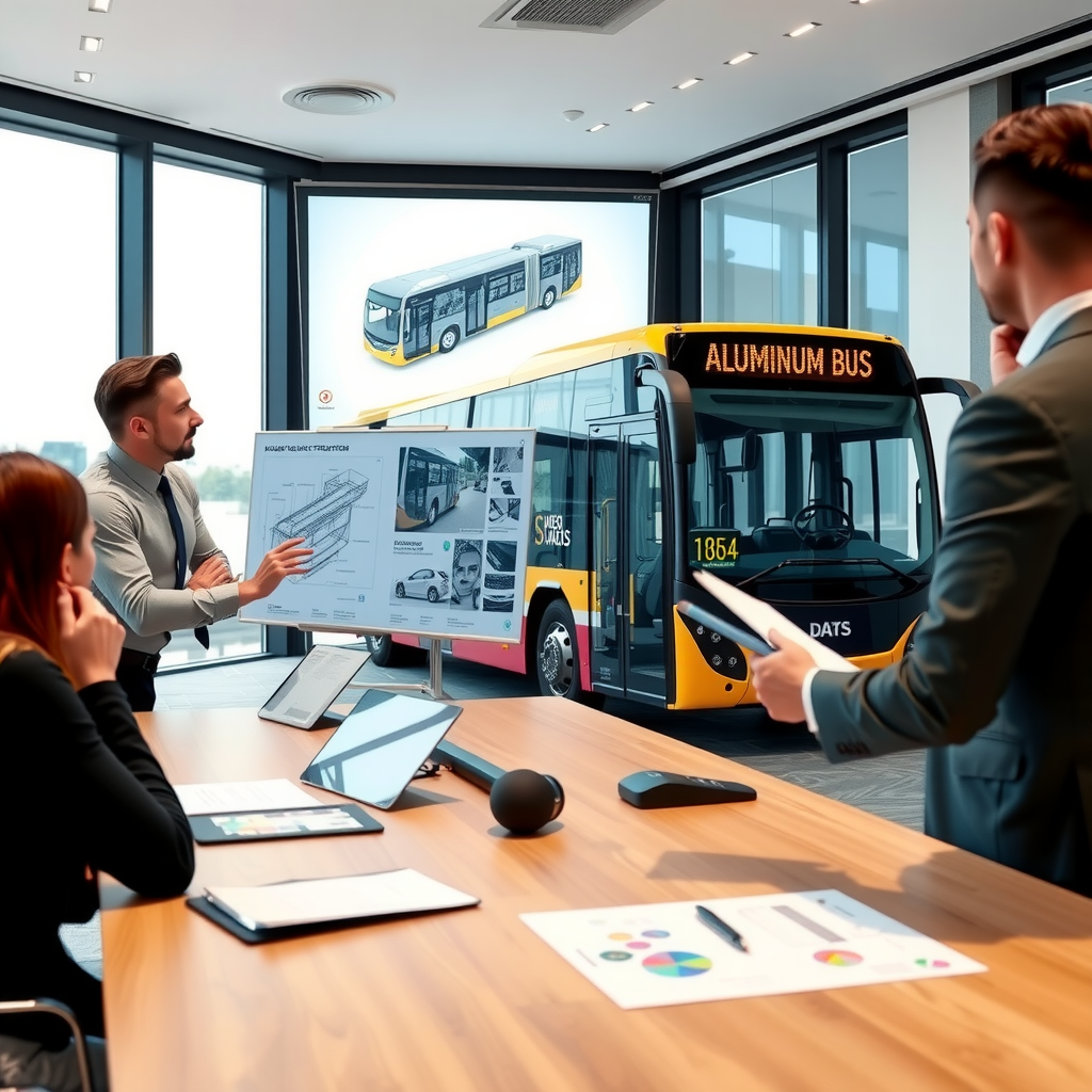 Professional consultants presenting detailed technical diagrams and specifications of aluminium bus construction to transit operators in modern conference room with digital displays