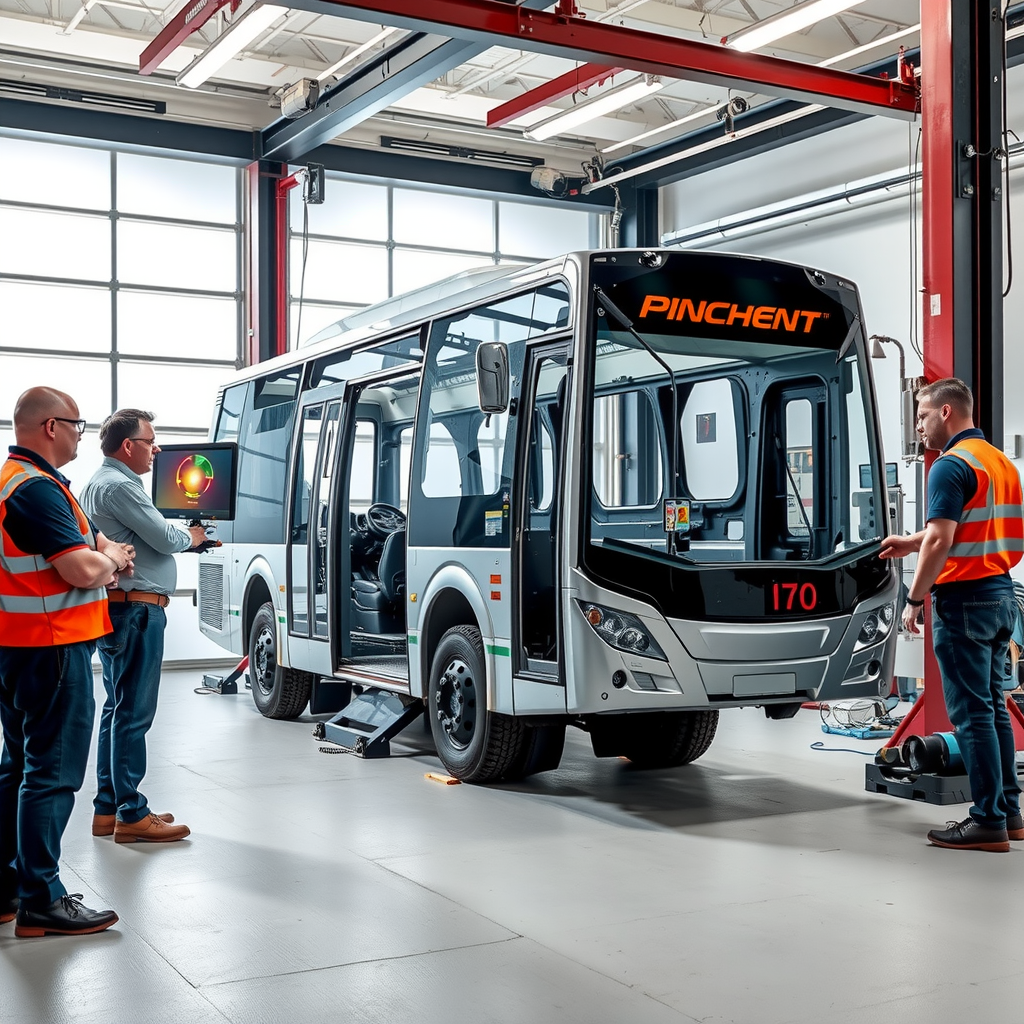Engineering team conducting structural integrity testing on aluminium bus body frame using advanced load testing equipment and computer analysis systems