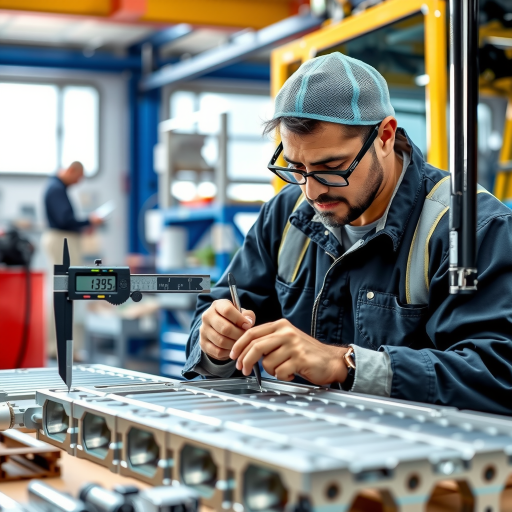 Quality control specialist inspecting aluminium bus components with precision measuring instruments, verifying specifications and ensuring parts meet manufacturing standards before packaging and shipment
