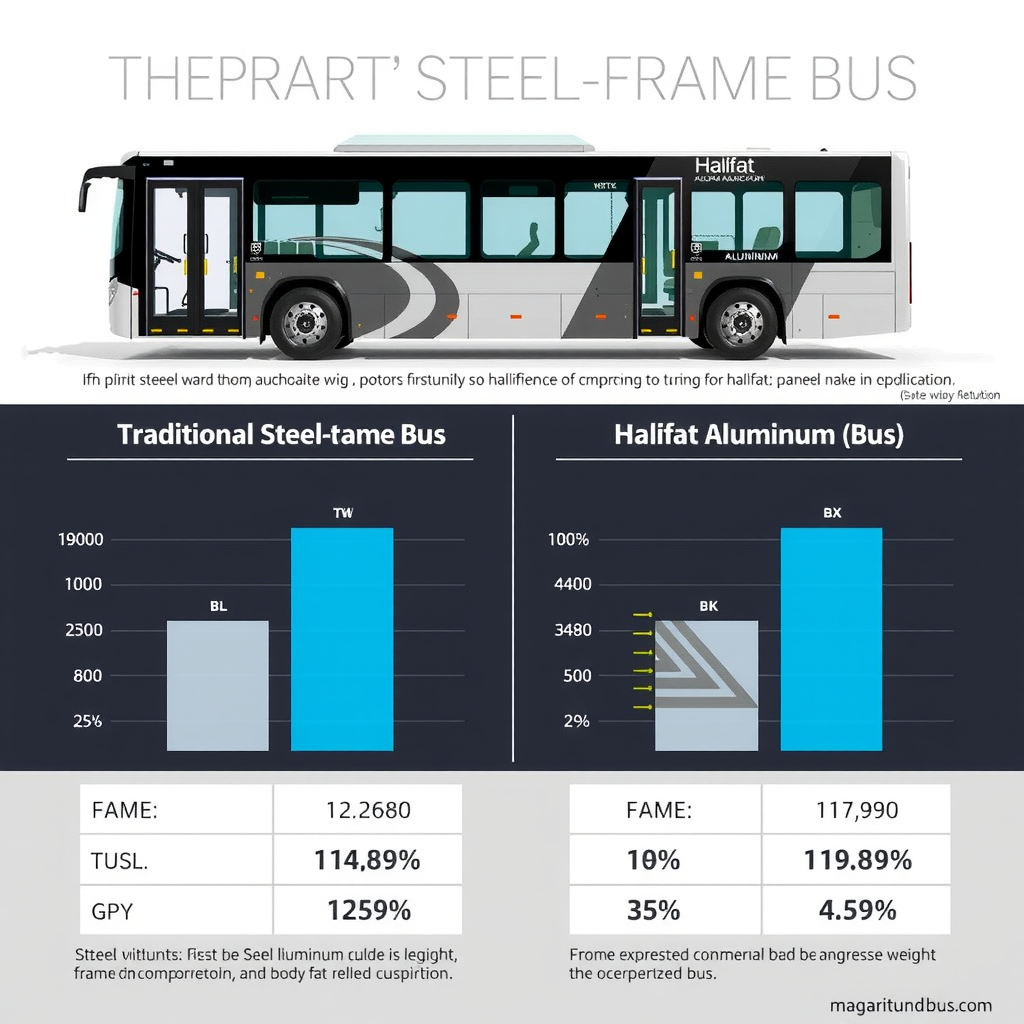 Professional infographic comparing the weight distribution of traditional steel-frame bus versus Halifat aluminium construction, showing detailed breakdown of frame weight, body panels, and structural components with percentage differences highlighted