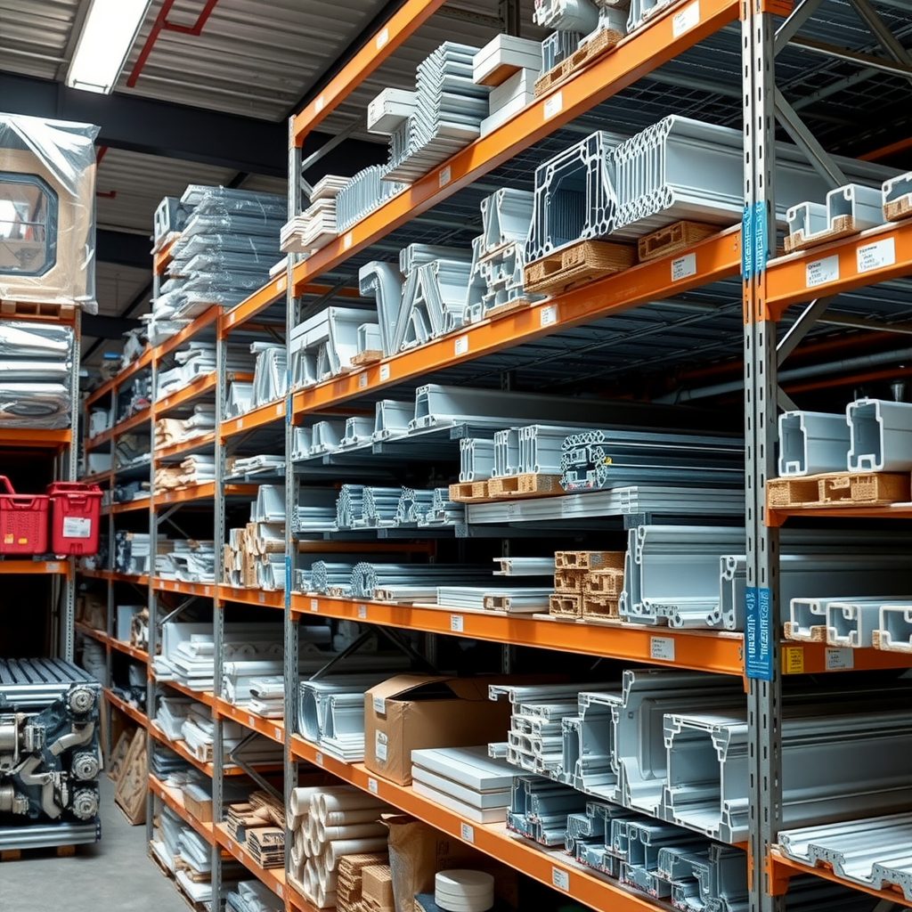 Well-organized parts warehouse with shelves stocked with specialized aluminium extrusions, replacement gussets, fastening systems and structural components for bus maintenance