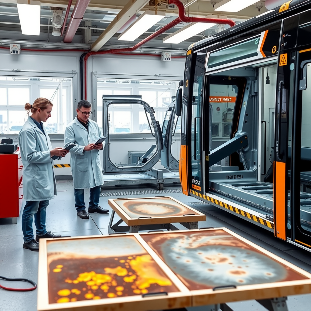 Laboratory setting showing accelerated corrosion testing of aluminium bus frame sections in salt spray chambers, with technicians in lab coats examining samples and recording data on tablets, comparison samples of steel frames showing rust damage