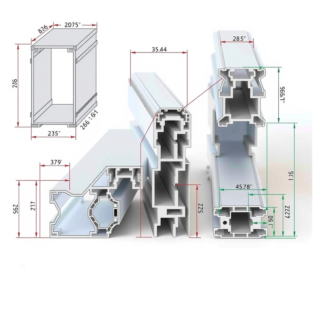 Technical engineering diagram showing detailed cross-sectional views of various aluminium extrusion profiles with dimensions, wall thicknesses, and internal reinforcement structures labeled with precise measurements and material specifications