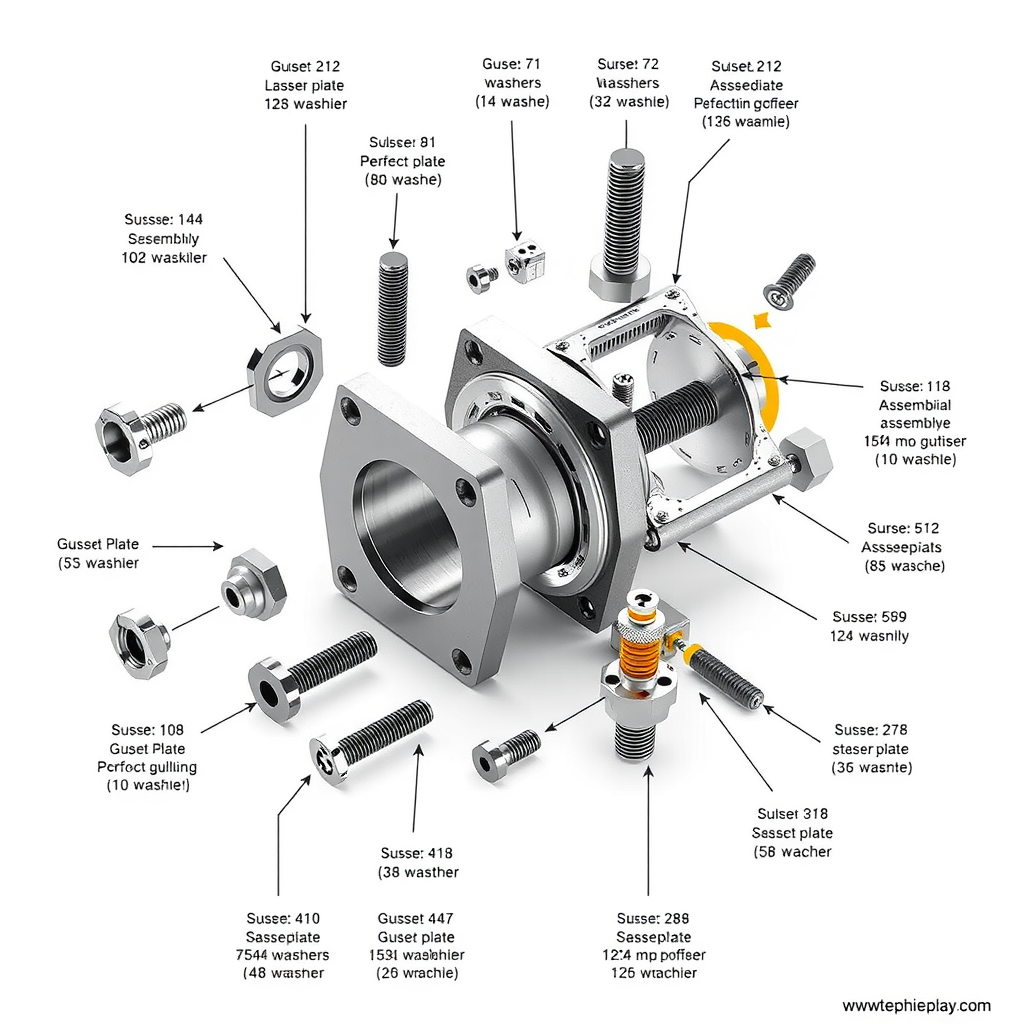 Exploded technical diagram of bolted gusset joint assembly showing individual components including gusset plate, bolts, washers, and extrusion profiles with assembly sequence numbers and torque specifications